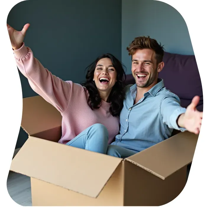 Two guys sitting on the floor of their apartment with Muval moving boxes